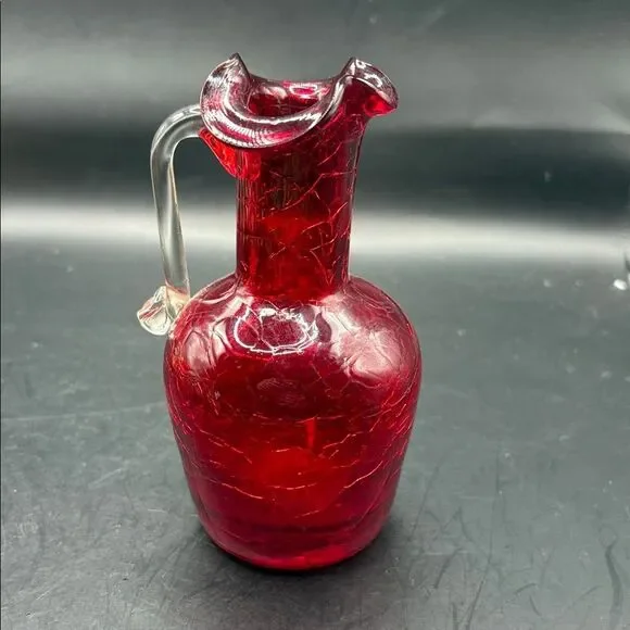 Vintage ruby red crackle glass pitcher with clear handle - Picture 4 of 6